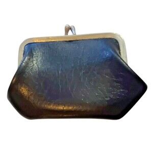 Vintage Leather Coin Change Purse Kiss Lock Black 4"
